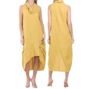 For Cynthia Lagenlook Artsy Linen Cowl Pleated Hi-Lo Cocoon Midi Dress Yellow L